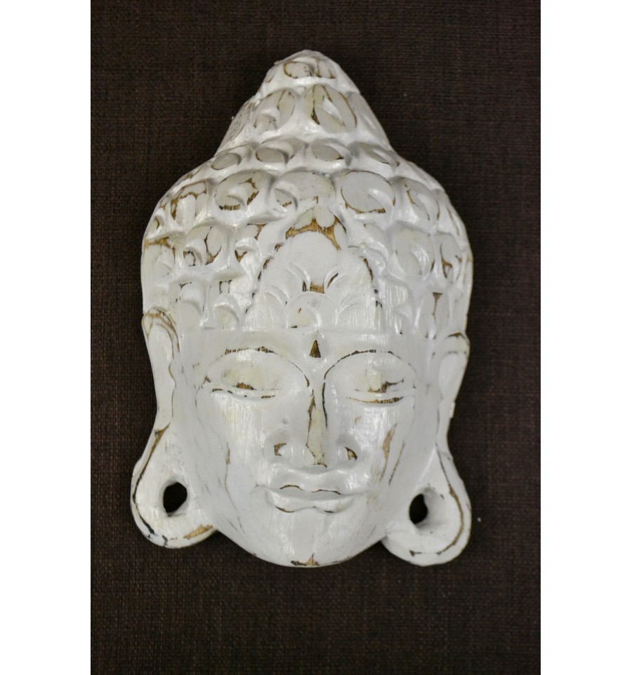 Masque visage de Bouddha bois patin\u00e9 style vintage, d\u00e9co zen pas cher.