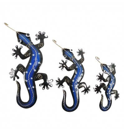 Set of 3 Handcrafted Wrought Iron Blue Salamanders / Geckos