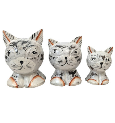 Set of 3 white hand-carved wooden cats